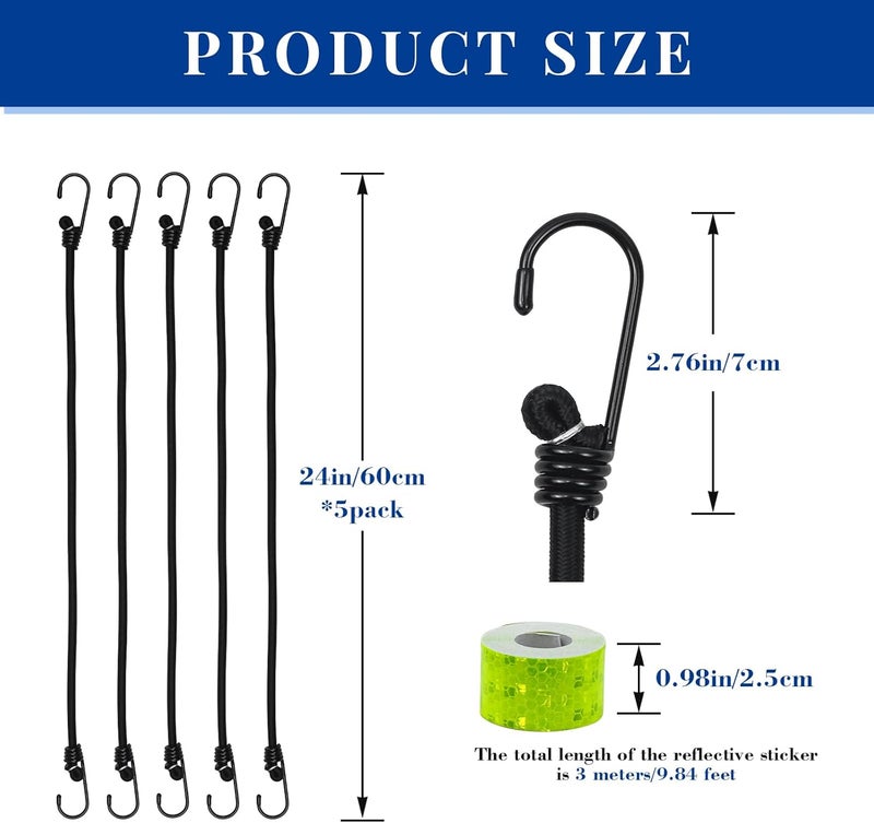 Bac-kitchen 5Pcs 24Inch Bungee Cords with Hooks, Heavy-Duty Weatherproof Outdoor Elastic Straps for Luggage, Camping, Tarps, Bike Racks, Tents or Garden Tidying - Image 2